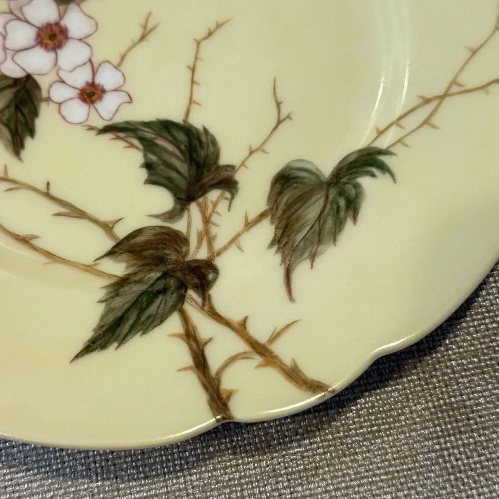 Antique H & Co Limoges Hand Painted Yellow W White Flowers Green 7 3/4” Thorns